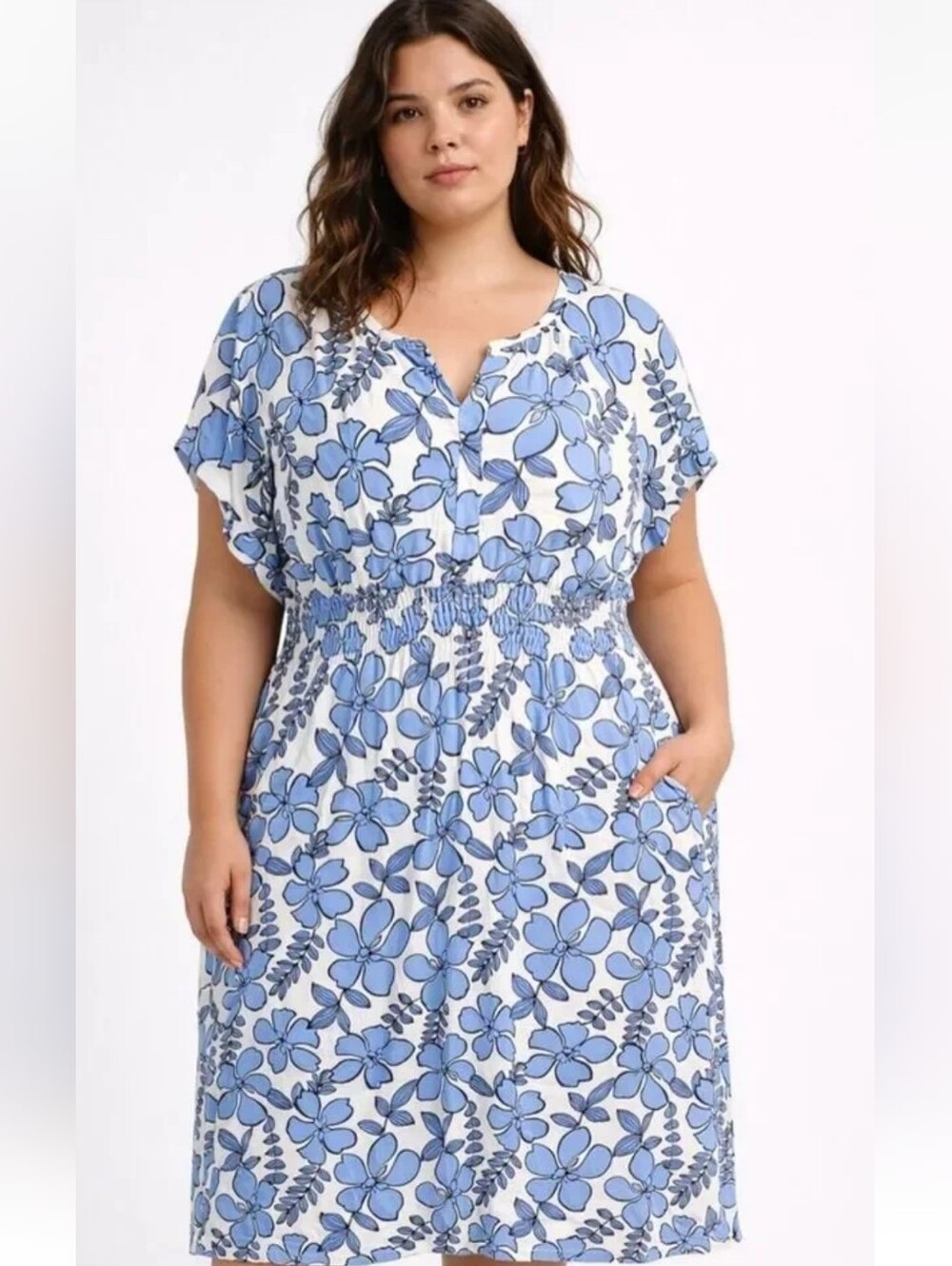 Sage Green and White Tropical Midi Dress with Cinched Waist